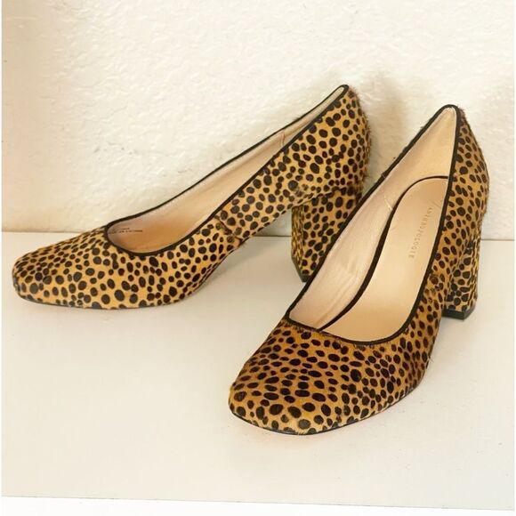 ANTHROPOLOGIE Spotted Leopard Cheetah Calf Hair Square Toe Chunky Heels Pumps. 9 - Picture 14 of 15